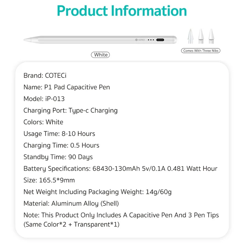COTECI IP-013 Stylus Pen for iPad Type-C Fast Charging Anti-Accidental Touch Pencil - White