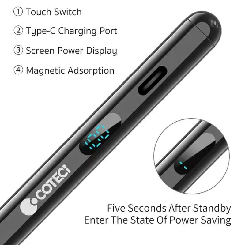 COTECI IP-019 Capacitive Pen Digital Power Display Type-C Charging Magnetic Adsorption for Tablets and Phones - Black