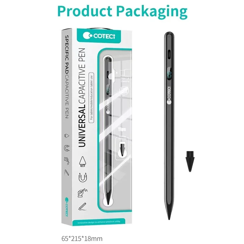 COTECI IP-019 Capacitive Pen Digital Power Display Type-C Charging Magnetic Adsorption for Tablets and Phones - Black