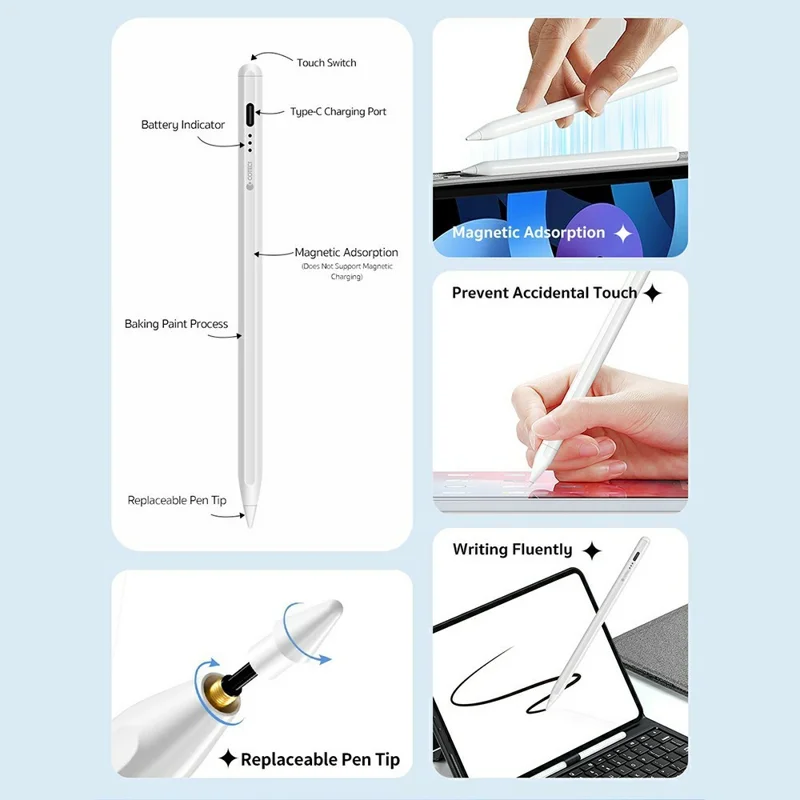 COTECI IP-013 P1 Capacitive Pen Type-C Charging Anti-Accidental Touch for iPad - White