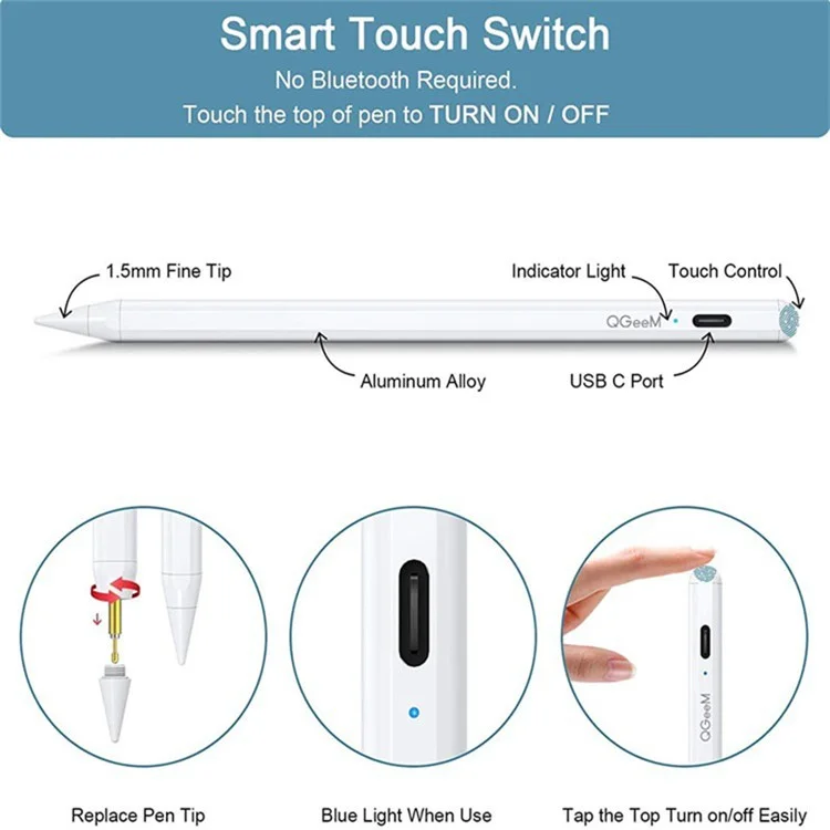 qgeem id706 stylus capacitif actif pour ipad 9,7 pouces (2018) / ipad 10.2 (2019) / (2020) / ipad air 10,5 pouces (2019) / (2020) fine point stylist pen digital drawing crayon - blanche