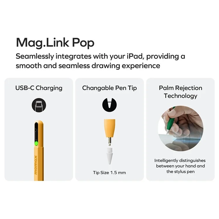 MOMAX Mag Link Pop Tablet Stylus Pen Type-C Charging Port Palm Rejection Capacitive Pen - Titanium Grey