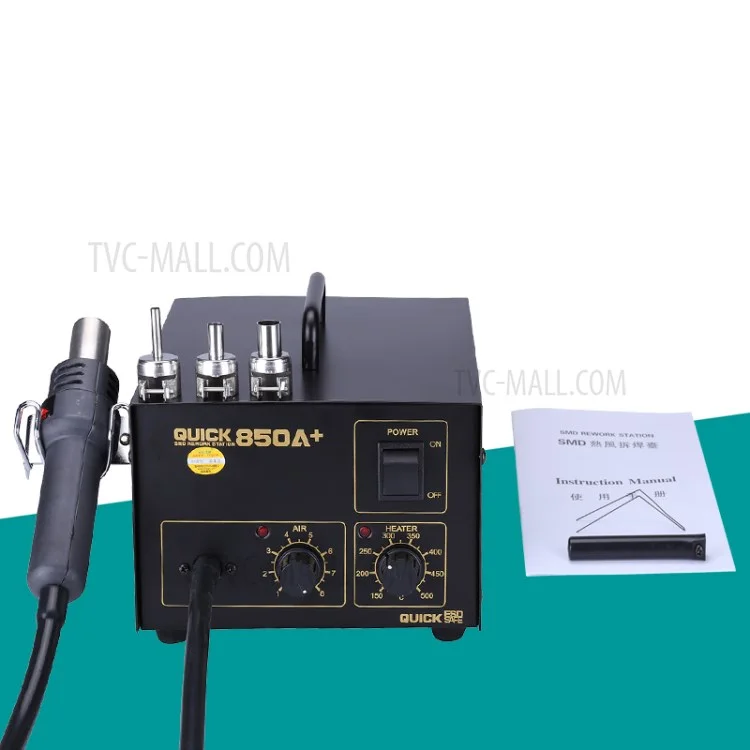 QUICK 850A+ Desoldering Station Air Pump Hot Air Gun SMD Rework Station with 3pcs Nozzles - AC 220V