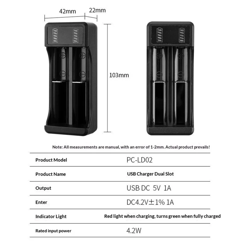 Chargeur de batterie USB 2 emplacements, chargeur intelligent pour batterie au lithium-ion avec câble de charge de 0,3 m