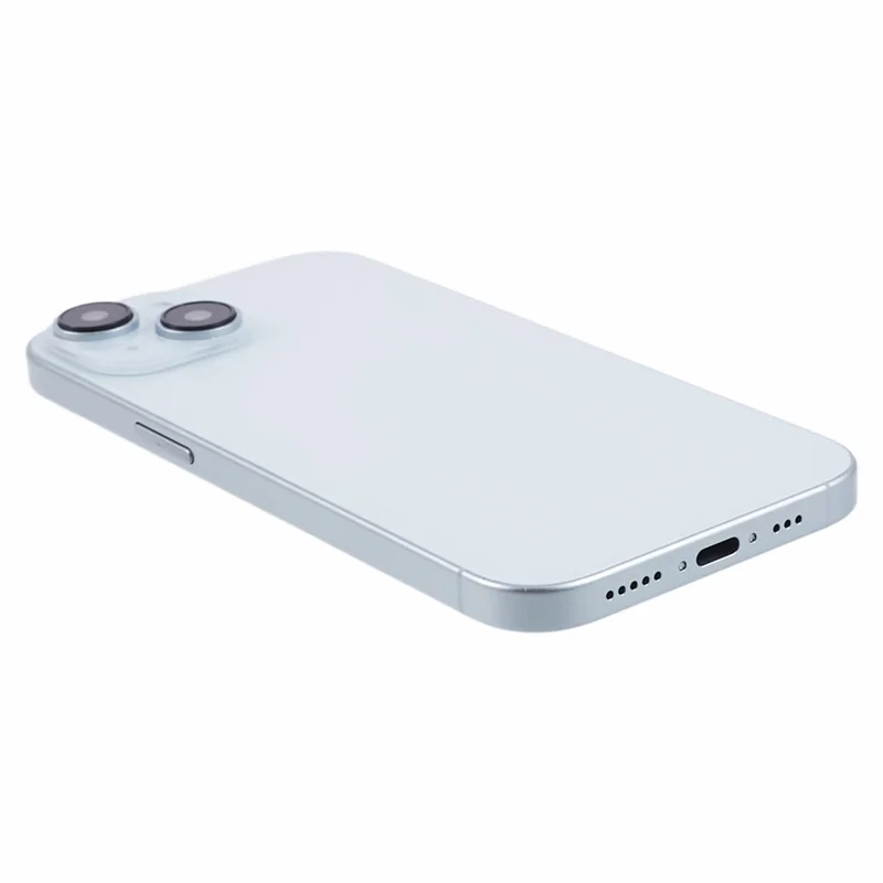 Attrappe eines iPhones 15, nicht funktionsfähiges Display-Modell, farbiger Bildschirm, Maßstab 1:1 (ohne Logo) – Blau