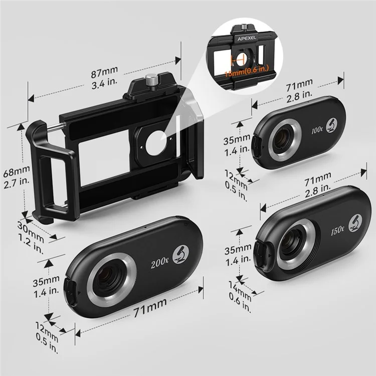 APEXEL APL-MS3IN1 Handyhalterungsclip 100x / 150x / 200x 3-in-1-Vergrößerungsmikroskop mit CPL-Filter
