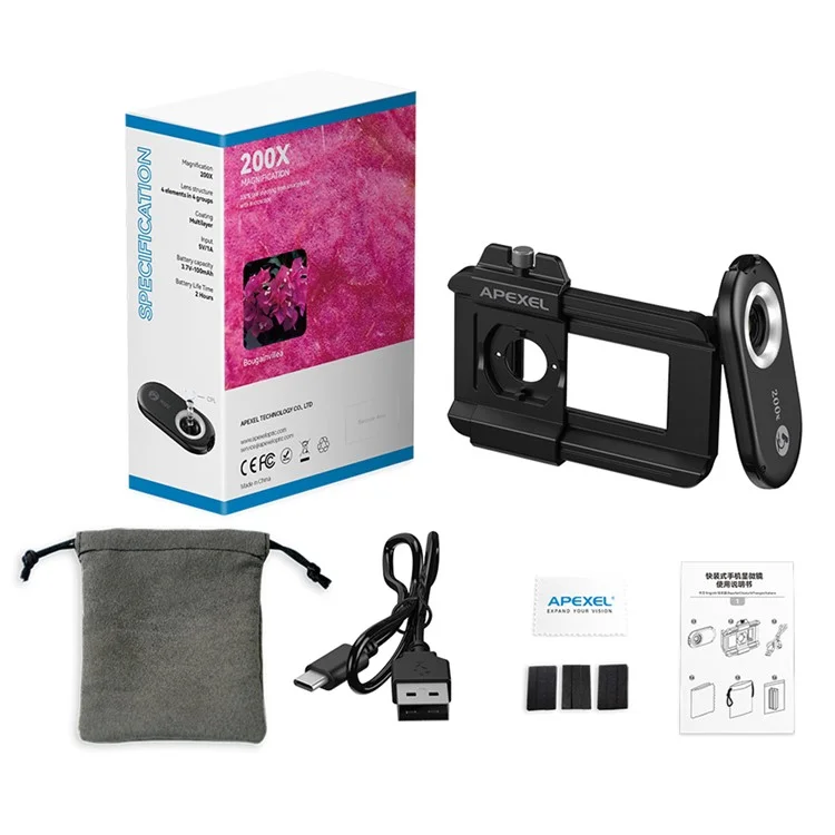 APEXEL APL-MS200 Mobile Phone Holder Clip 200x Magnification Microscope with CPL Filter