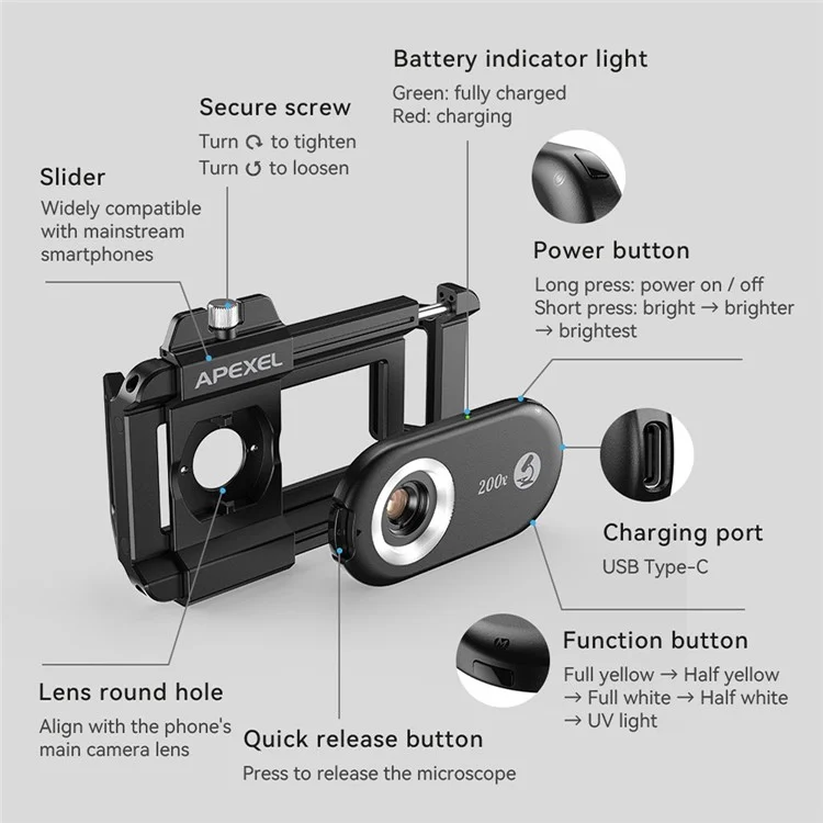 APEXEL APL-MS200 Mobile Phone Holder Clip 200x Magnification Microscope with CPL Filter