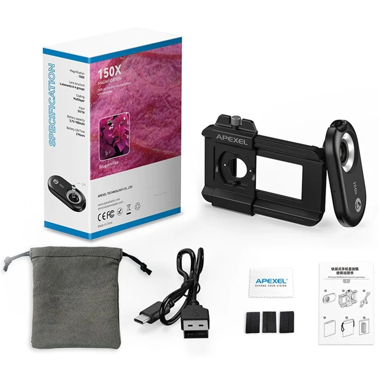APEXEL APL-MS150 Supporto per telefono cellulare Clip 150x Ingrandimento Microscopio con filtro CPL