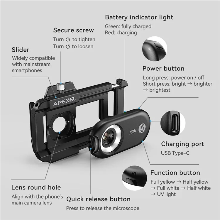 APEXEL APL-MS150 Supporto per telefono cellulare Clip 150x Ingrandimento Microscopio con filtro CPL
