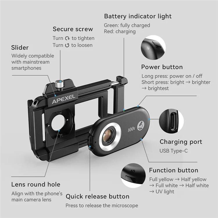 APEXEL APL-MS100 Supporto per telefono cellulare Clip Microscopio con filtro CPL 100x Ingrandimento