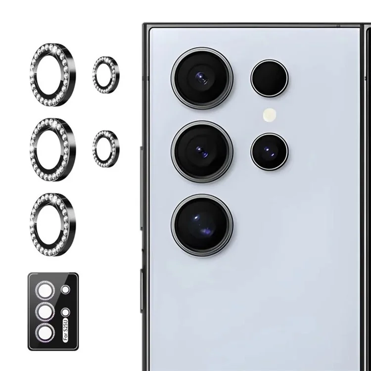 WANLONFENG For Samsung Galaxy S25 Ultra Camera Lens Protector with Metal Frame Rhinestone Decor - Black