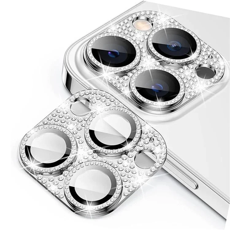 WANLONFENG For iPhone 14 Pro Max  /  14 Pro Camera Lens Protector Tempered Glass Lens Film with Metal Frame Rhinestone Decor - Silver