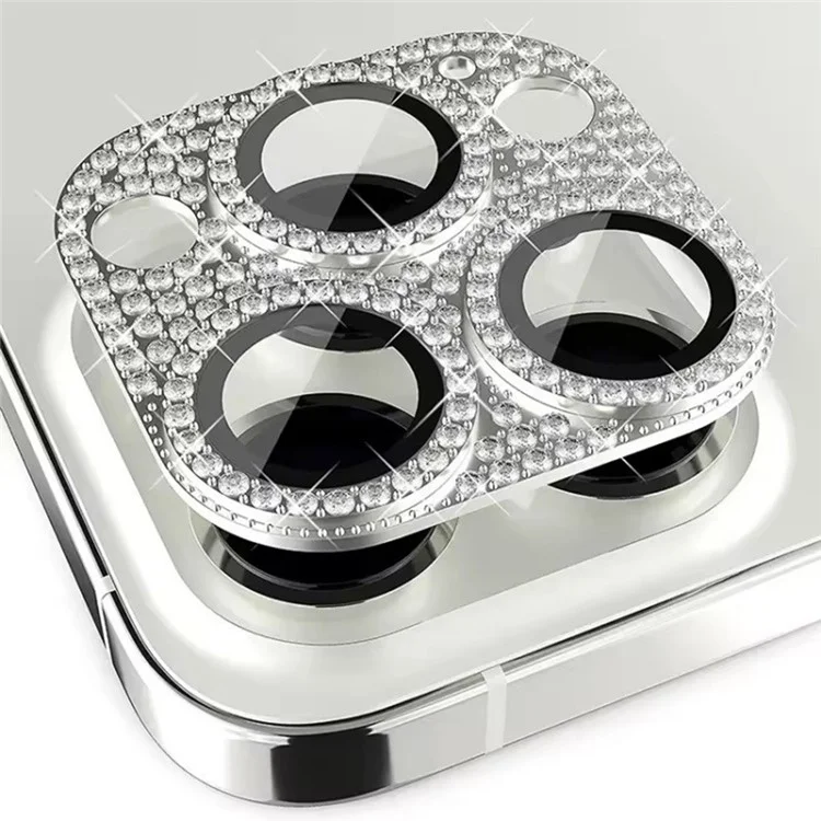 WANLONFENG For iPhone 14 Pro Max  /  14 Pro Camera Lens Protector Tempered Glass Lens Film with Metal Frame Rhinestone Decor - Silver