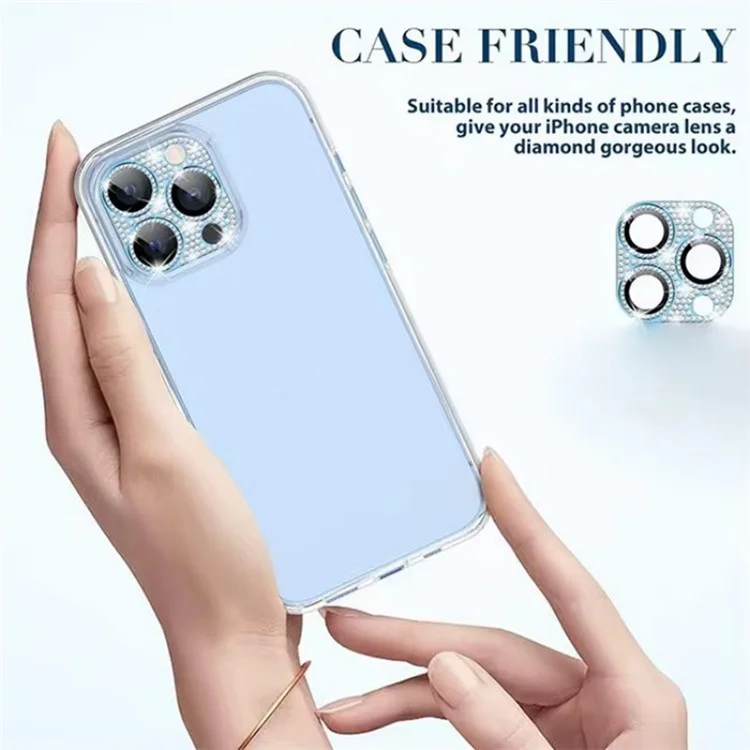 WANLONFENG For iPhone 14 Pro Max  /  14 Pro Camera Lens Protector Tempered Glass Lens Film with Metal Frame Rhinestone Decor - Silver