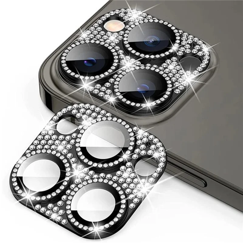 WANLONFENG For iPhone 14 Pro Max  /  14 Pro Camera Lens Protector Tempered Glass Lens Film with Metal Frame Rhinestone Decor - Black