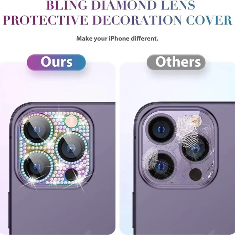WANLONFENG For iPhone 14 Pro Max  /  14 Pro Camera Lens Protector Tempered Glass Lens Film with Metal Frame Rhinestone Decor - Black