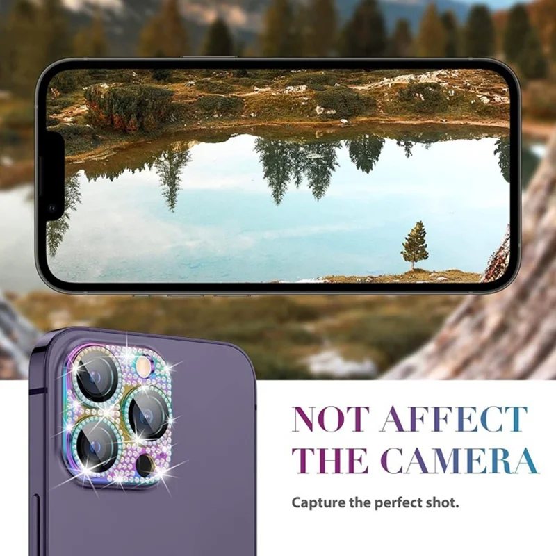 WANLONFENG For iPhone 14 Pro Max  /  14 Pro Camera Lens Protector Tempered Glass Lens Film with Metal Frame Rhinestone Decor - Black