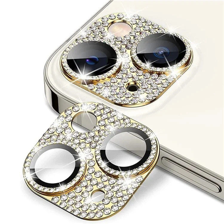 WANLONFENG Für iPhone 13 mini / 13 Kameraobjektiv-Schutz Gehärtetes Glas Objektiv-Folie mit Metallrahmen Strasssteine Dekoration - Gold