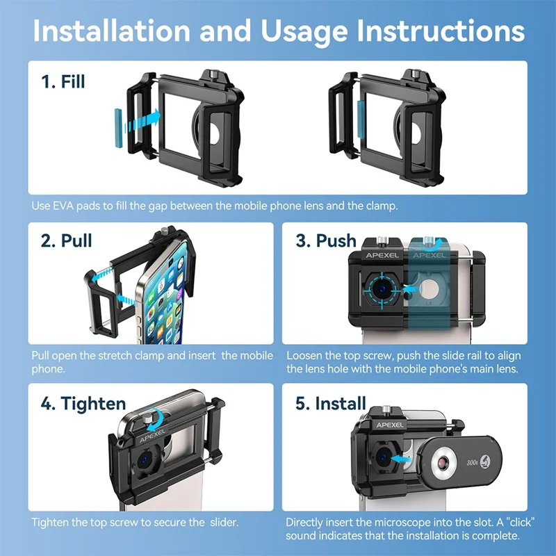 APEXEL APL-MS300 300X Lente per microscopio per telefono Accessori Clip-On Magnifier con illuminazione a LED a tre colori