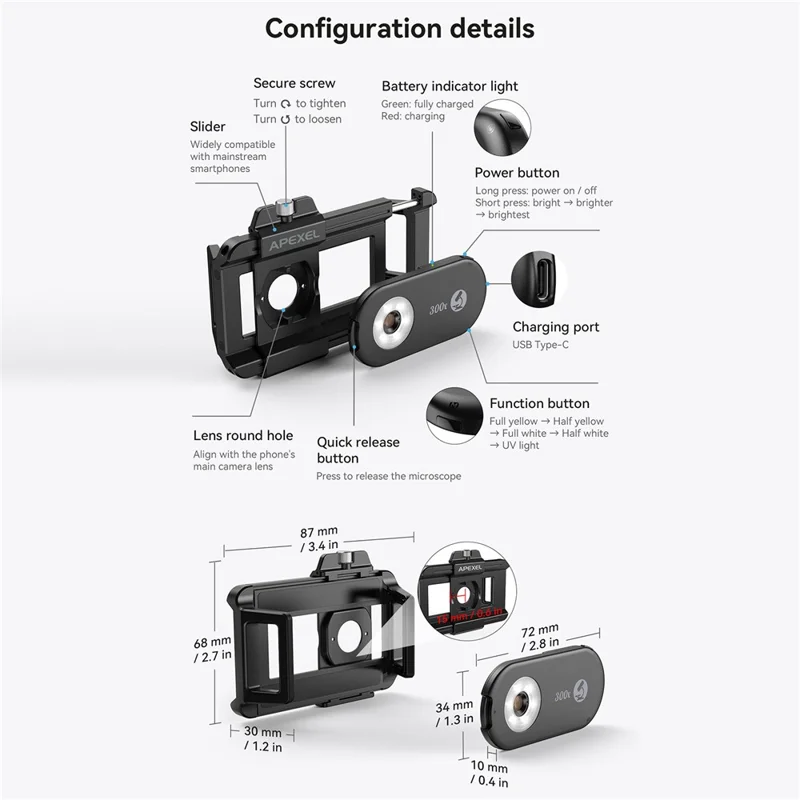 APEXEL APL-MS300 300X Lente per microscopio per telefono Accessori Clip-On Magnifier con illuminazione a LED a tre colori