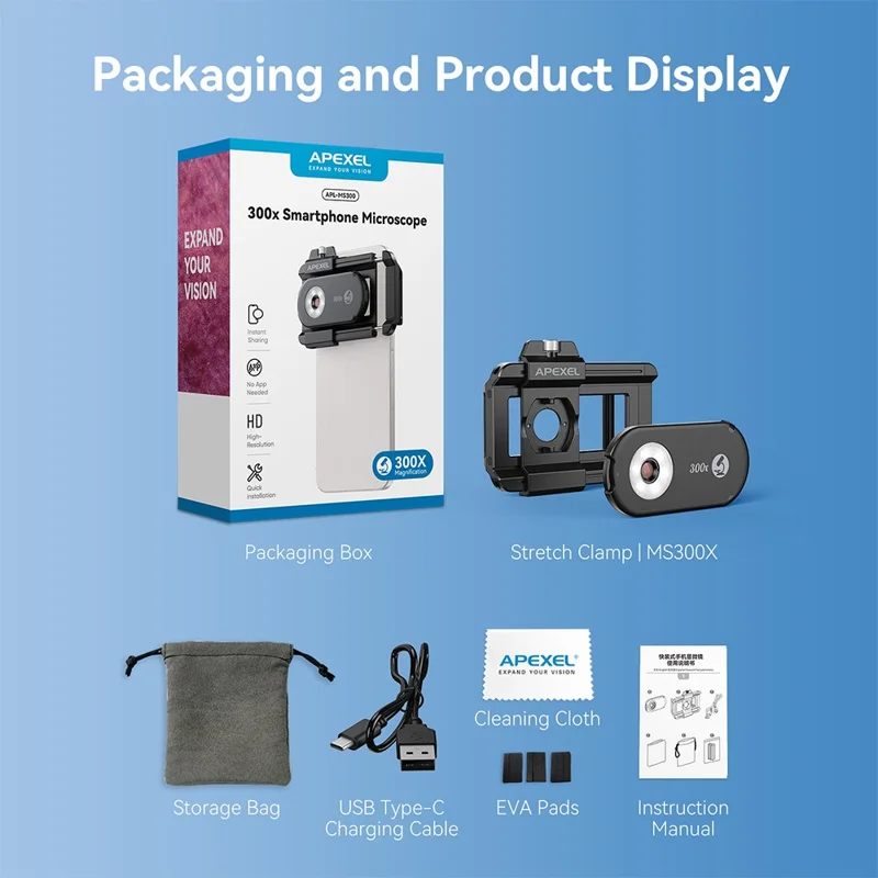 APEXEL APL-MS300 300X Lente per microscopio per telefono Accessori Clip-On Magnifier con illuminazione a LED a tre colori