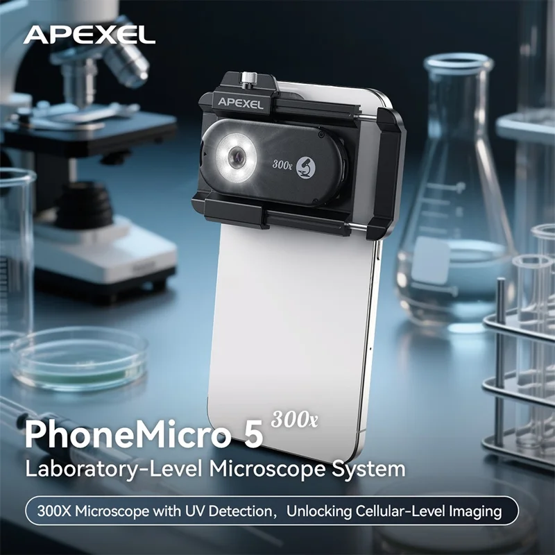 APEXEL APL-MS300 300X Lente per microscopio per telefono Accessori Clip-On Magnifier con illuminazione a LED a tre colori