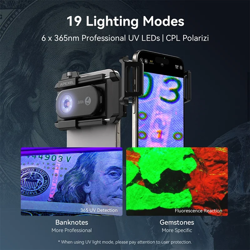 APEXEL APL-MS300 300X Lente per microscopio per telefono Accessori Clip-On Magnifier con illuminazione a LED a tre colori