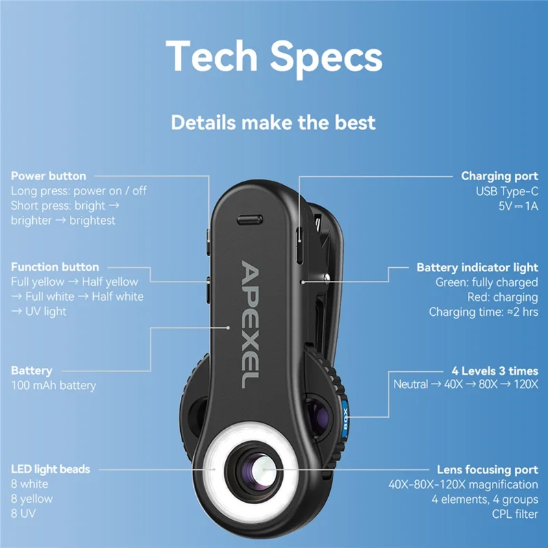 APEXEL APL-MS3L telefonmikroskop med LED-lys, 40X 80X 120X zoom lommemikroskop kamera-tilbehør
