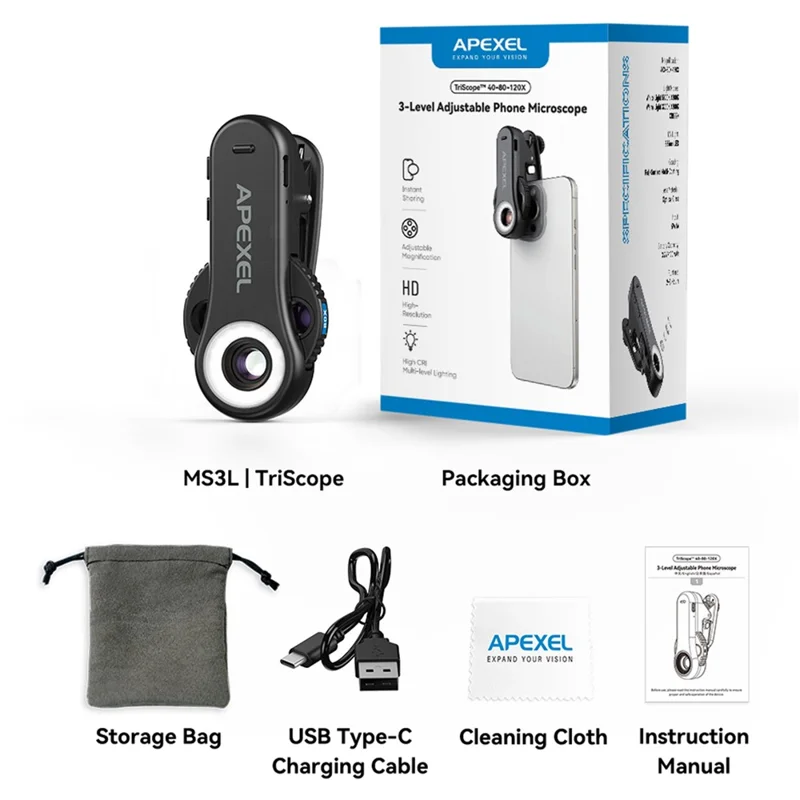 APEXEL APL-MS3L telefonmikroskop med LED-lys, 40X 80X 120X zoom lommemikroskop kamera-tilbehør