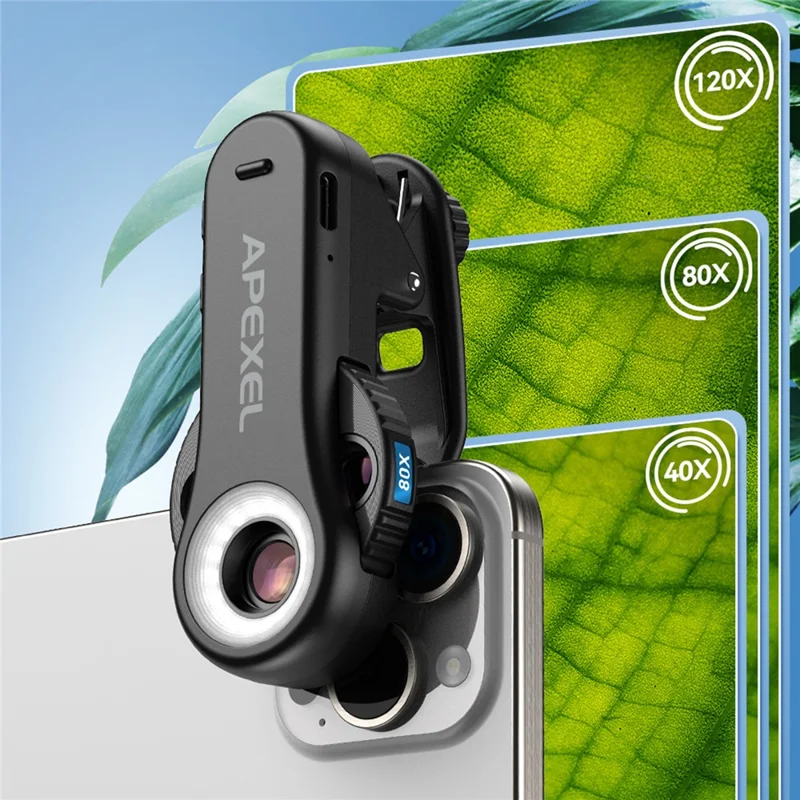 APEXEL APL-MS3L telefonmikroskop med LED-lys, 40X 80X 120X zoom lommemikroskop kamera-tilbehør