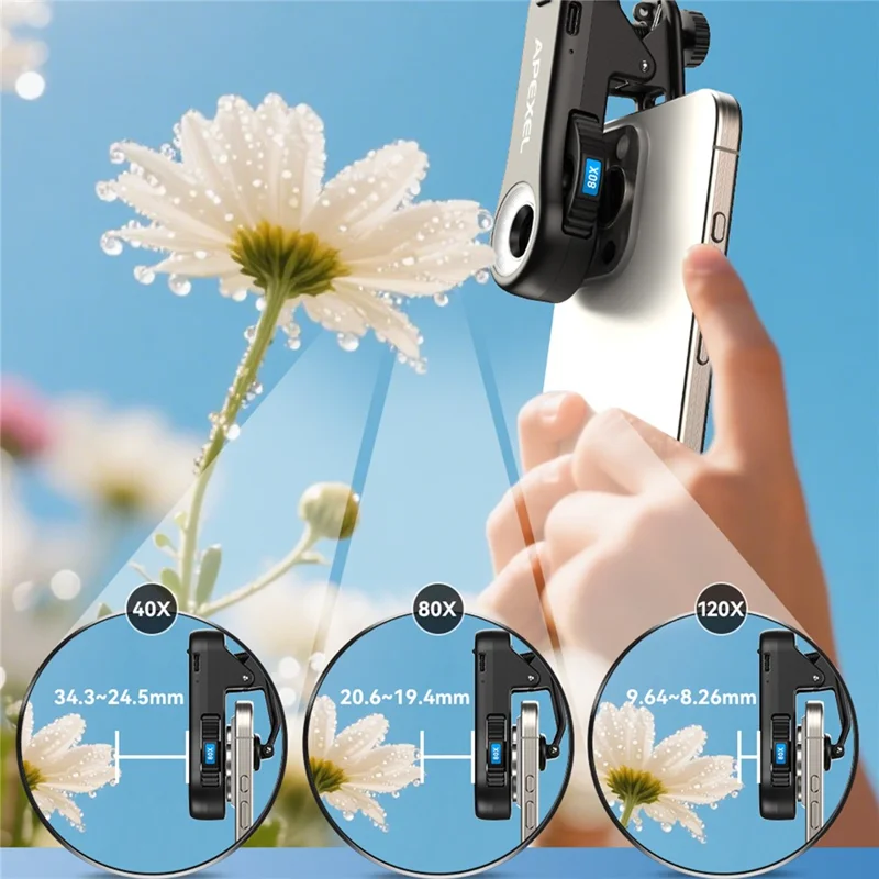 APEXEL APL-MS3L telefonmikroskop med LED-lys, 40X 80X 120X zoom lommemikroskop kamera-tilbehør