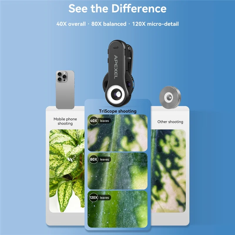 APEXEL APL-MS3L telefonmikroskop med LED-lys, 40X 80X 120X zoom lommemikroskop kamera-tilbehør