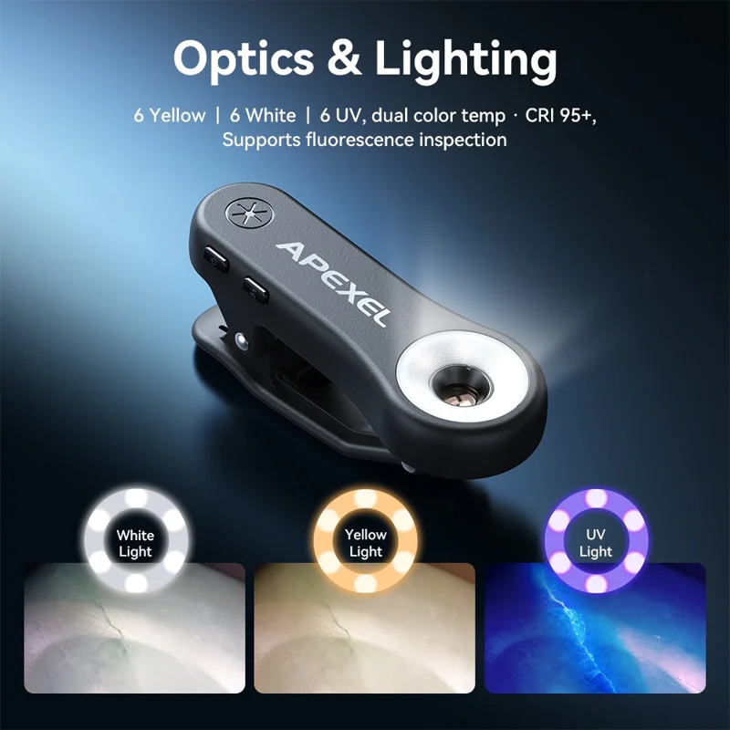 APEXEL MSL200X 200X микроскоп для смартфона с креплением-клипсой, лупа, светодиодная подсветка, УФ-свет, внешний объектив для телефона, для обучения и науки — черный