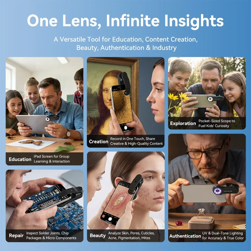APEXEL MSL200X 200X микроскоп для смартфона с креплением-клипсой, лупа, светодиодная подсветка, УФ-свет, внешний объектив для телефона, для обучения и науки — черный