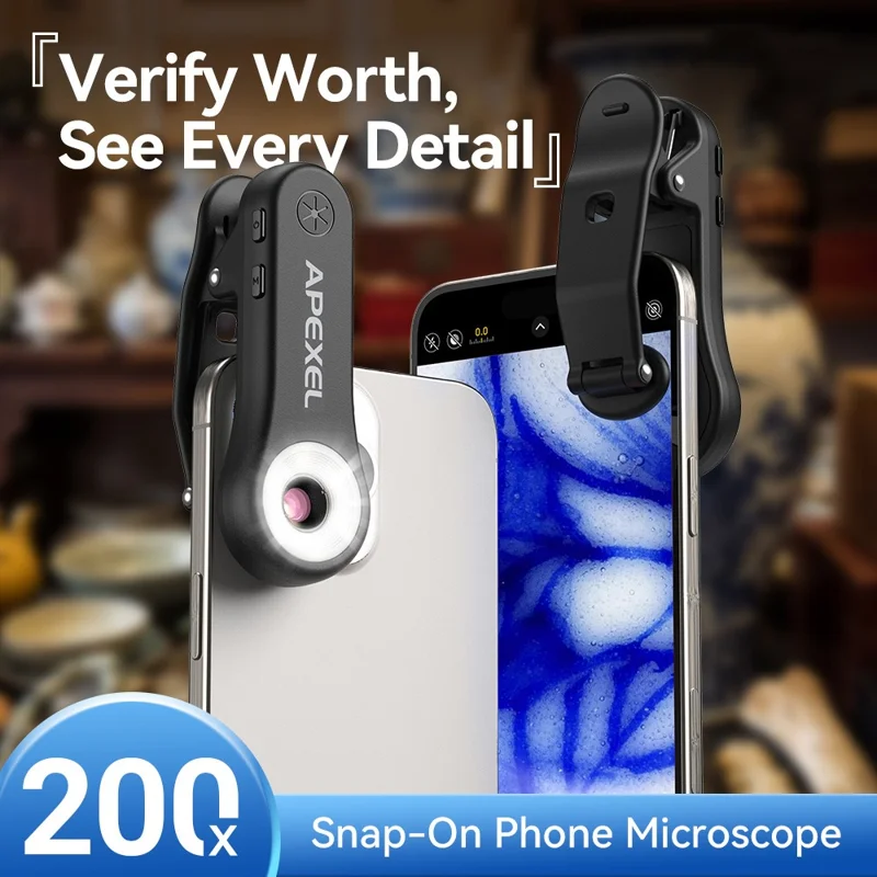 APEXEL MSL200X 200X микроскоп для смартфона с креплением-клипсой, лупа, светодиодная подсветка, УФ-свет, внешний объектив для телефона, для обучения и науки — черный