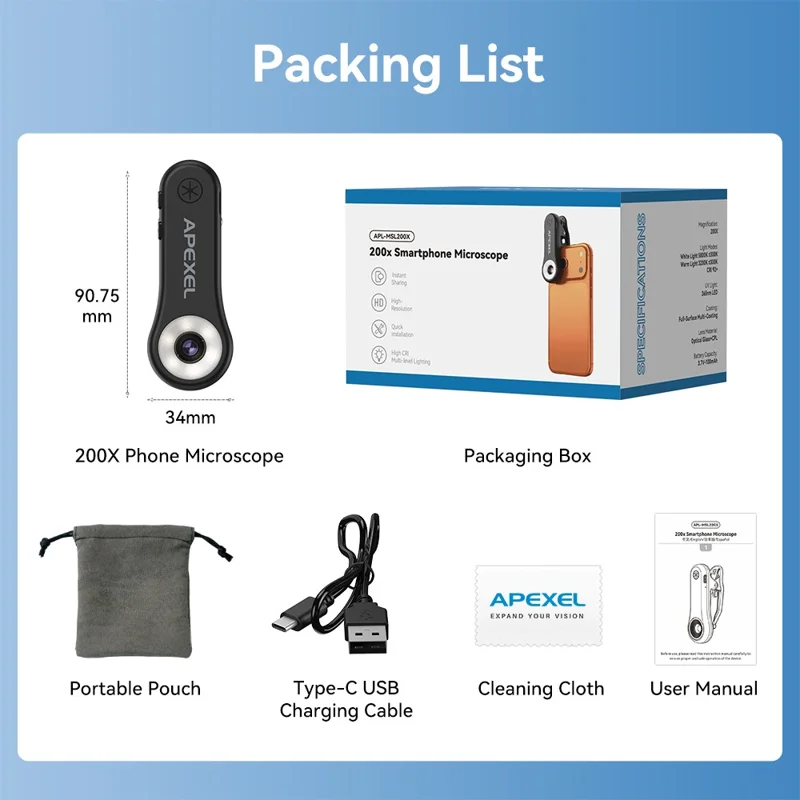 APEXEL MSL200X 200X микроскоп для смартфона с креплением-клипсой, лупа, светодиодная подсветка, УФ-свет, внешний объектив для телефона, для обучения и науки — черный
