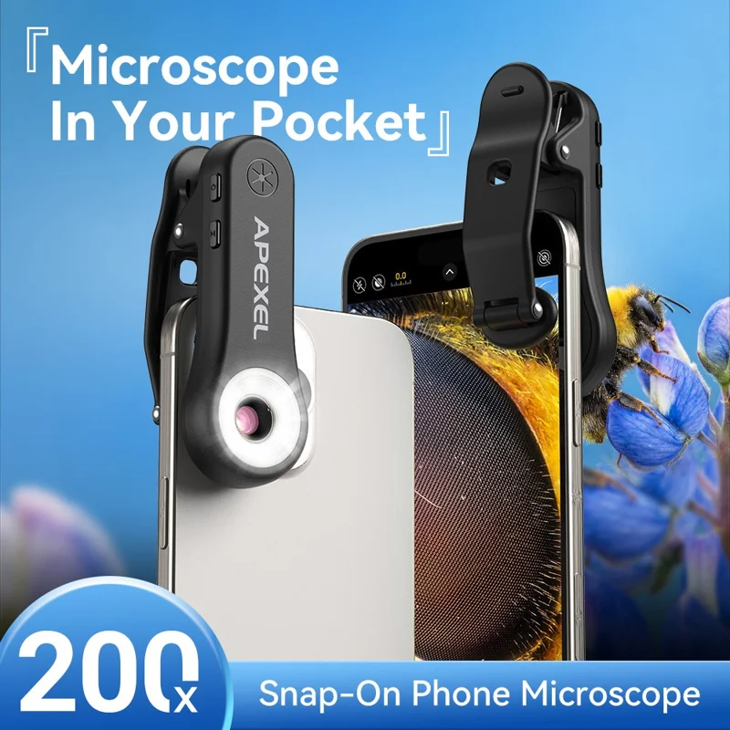 APEXEL MSL200X 200X микроскоп для смартфона с креплением-клипсой, лупа, светодиодная подсветка, УФ-свет, внешний объектив для телефона, для обучения и науки — черный