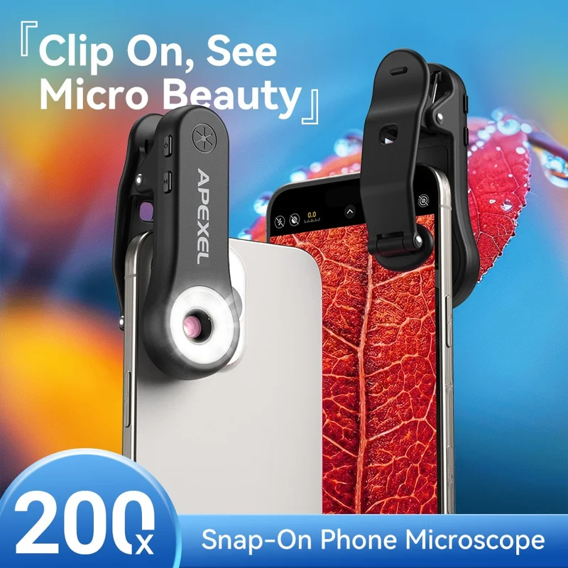 APEXEL MSL200X 200X микроскоп для смартфона с креплением-клипсой, лупа, светодиодная подсветка, УФ-свет, внешний объектив для телефона, для обучения и науки — черный