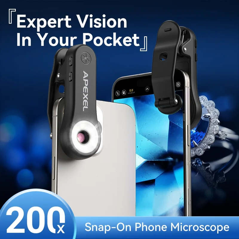 APEXEL MSL200X 200X микроскоп для смартфона с креплением-клипсой, лупа, светодиодная подсветка, УФ-свет, внешний объектив для телефона, для обучения и науки — черный