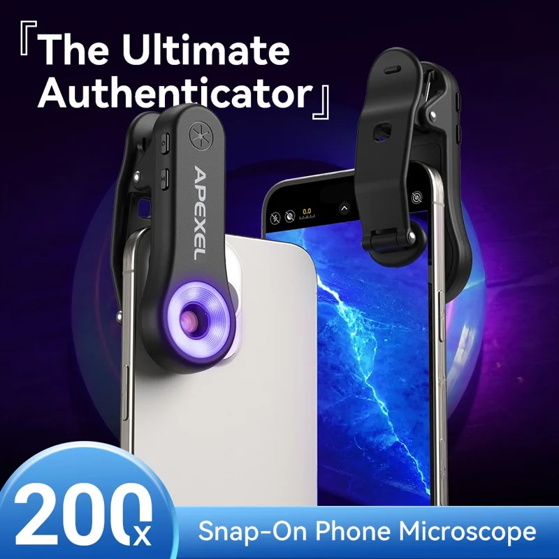 APEXEL MSL200X 200X микроскоп для смартфона с креплением-клипсой, лупа, светодиодная подсветка, УФ-свет, внешний объектив для телефона, для обучения и науки — черный
