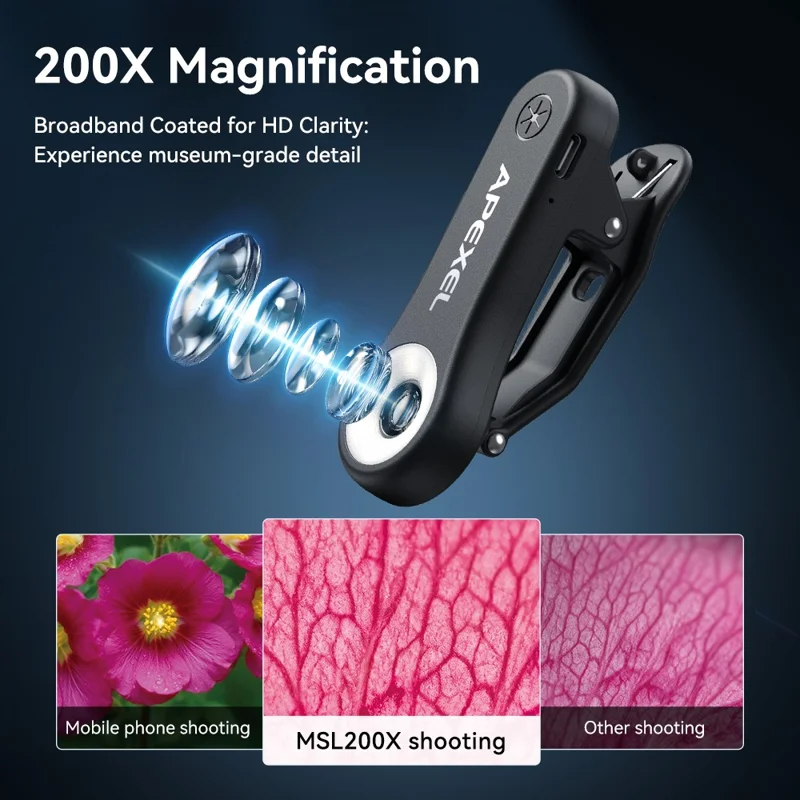 APEXEL MSL200X 200X микроскоп для смартфона с креплением-клипсой, лупа, светодиодная подсветка, УФ-свет, внешний объектив для телефона, для обучения и науки — черный