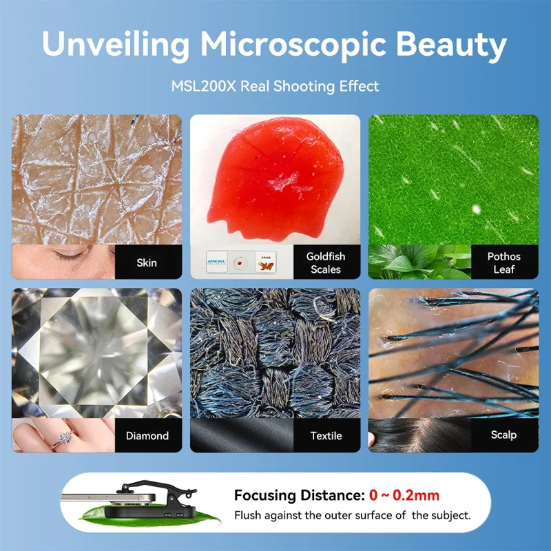 APEXEL MSL200X 200X микроскоп для смартфона с креплением-клипсой, лупа, светодиодная подсветка, УФ-свет, внешний объектив для телефона, для обучения и науки — черный