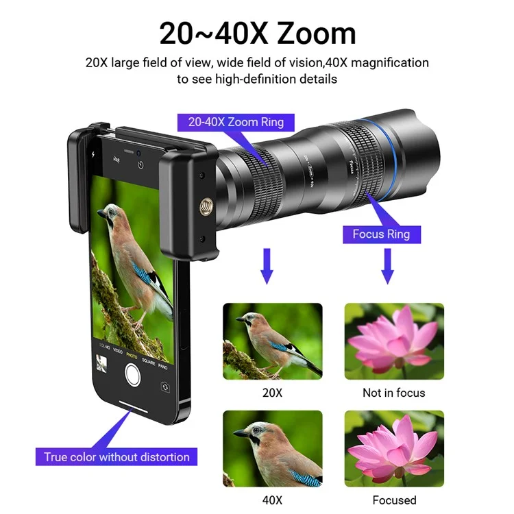 APEXEL APL-20-40XCR50 20-40X Zoom Telephoto Lens Tripod Set for Birds Watching, Concert, Multi-Layer Coated HD Phone Monocular