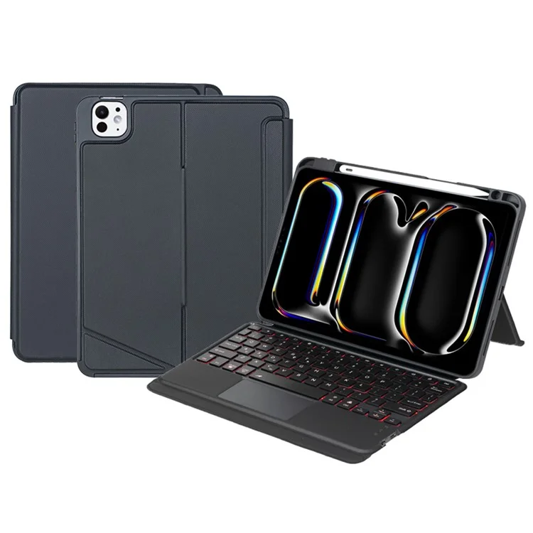 T13B-AS per iPad Pro 11 (2024) Progettazione dello slot per penna Rotazione perno di supporto Custodia in pelle per tablet + Tastiera Bluetooth con touchpad retroilluminato