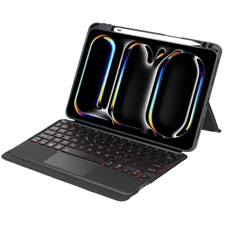 T13B-AS per iPad Pro 11 (2024) Progettazione dello slot per penna Rotazione perno di supporto Custodia in pelle per tablet + Tastiera Bluetooth con touchpad retroilluminato