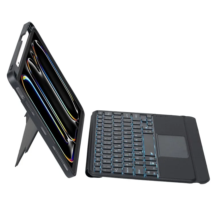 T13B-AS per iPad Pro 11 (2024) Progettazione dello slot per penna Rotazione perno di supporto Custodia in pelle per tablet + Tastiera Bluetooth con touchpad retroilluminato