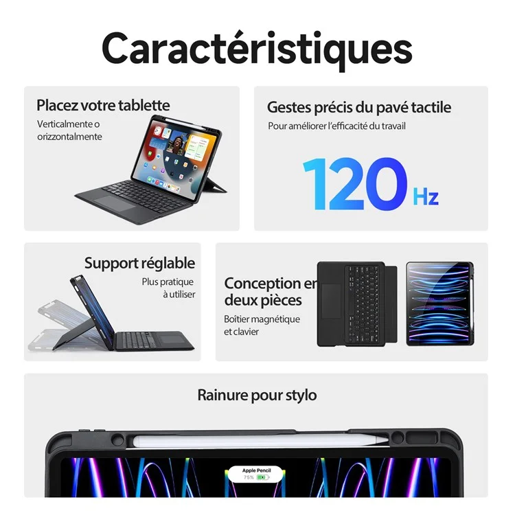 DUX DUCIS DK Series pour iPad Air 13 (2024) / iPad Pro 12.9 (2022) / (2021) / (2020) Clavier rétroéclairé en français avec étui en cuir