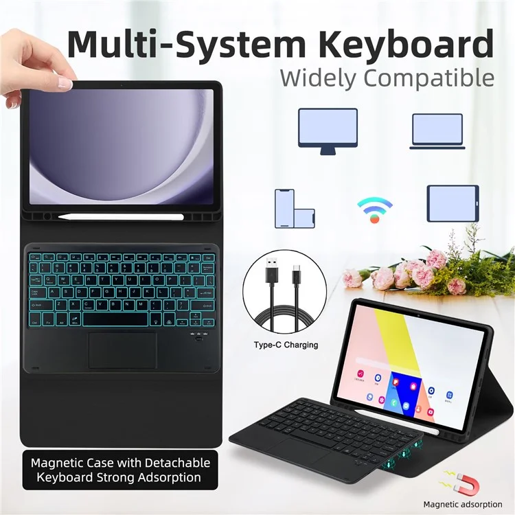 TP-X210D für Samsung Galaxy Tab A9+ SM-X210 / X216 / X218 Touchpad Backlit Bluetooth-Tastatur Leder Tablet-Hülle - Schwarz