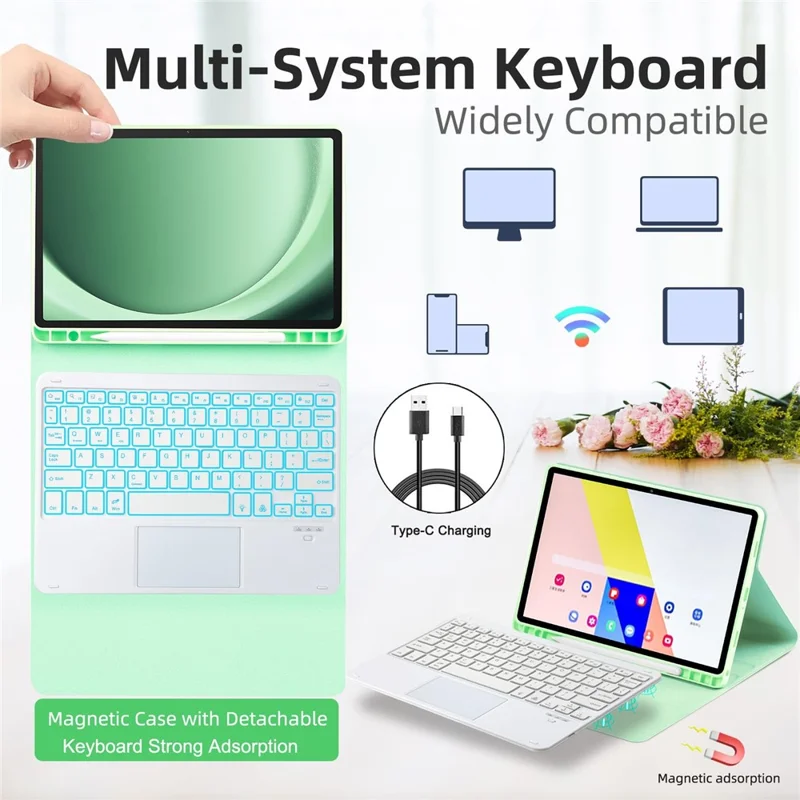 TP-X210D For Samsung Galaxy Tab A9+ SM-X210 / X216 / X218 Touchpad Backlit Bluetooth-compatible Keyboard Leather Tablet Case - Green